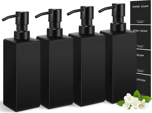 GMISUN Black Soap Dispenser, Hand Soap Dispenser Bathroom, 12 fl oz/350ml Glass Soap Dispensers with Stainless Steel Pump, Refillable Liquid Dish Dispensers for Kitchen, Modern Soap and Lotion Bottle