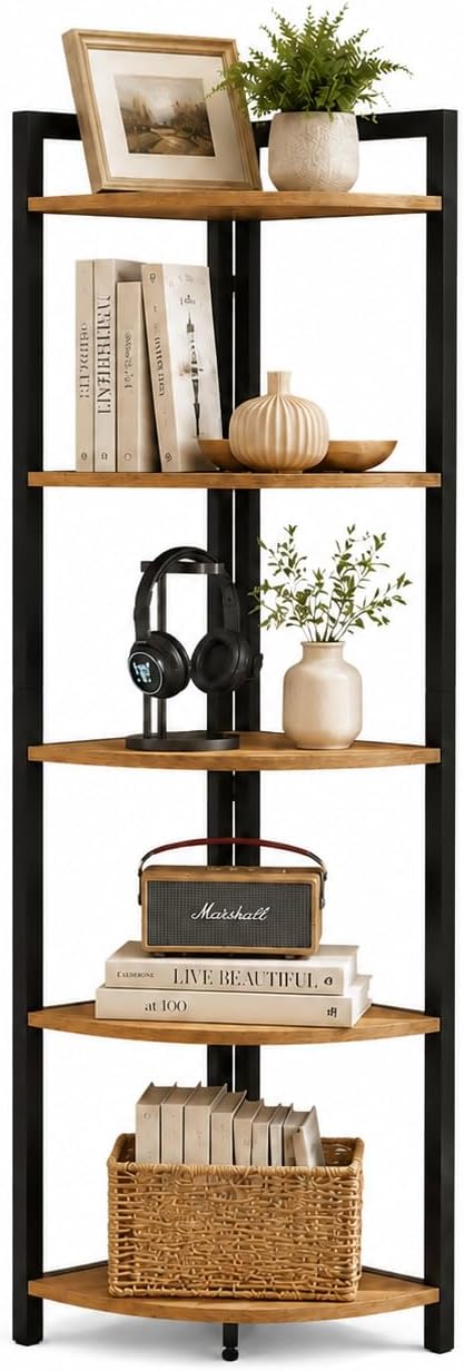 Tall Corner Shelf, Industrial Corner Bookshelf, Wood and Metal Corner Shelf Stand for Living Room, Rustic Display Plant Stand for Home Office (Rustic Oak)
