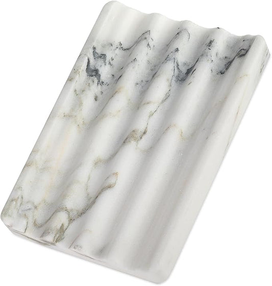 African Natural Marble Soap Dish for Shower, Stone Soap Tray for Bathroom, Bar Soap Holder for Sink, Stripe Grooves Soap Saver Stone Dish Keep Bars Dry Easy Clean (Namib Bianco)