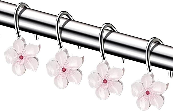 Creative Scents Vanda Shower Curtain Hooks Decorative | Set of 12 | White and Pink Shower Curtain Rings