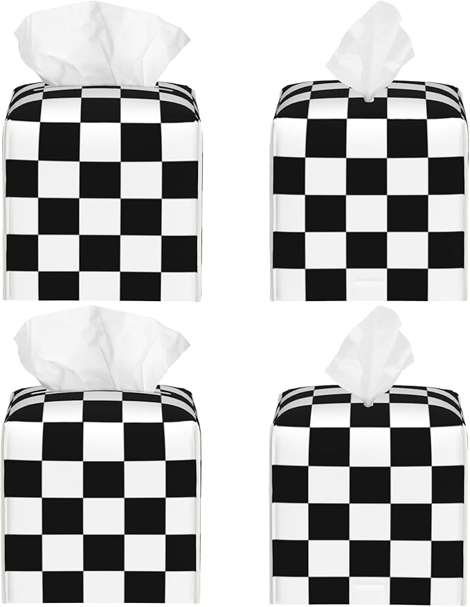 Black and White Checkerboard Tissue Box Cover Square,Square Grid Checkered Tissue Box Holder Waterproof Leather Facial Paper Organizer Dispenser for Bathroom Home Car Nightstand Vanity Desk