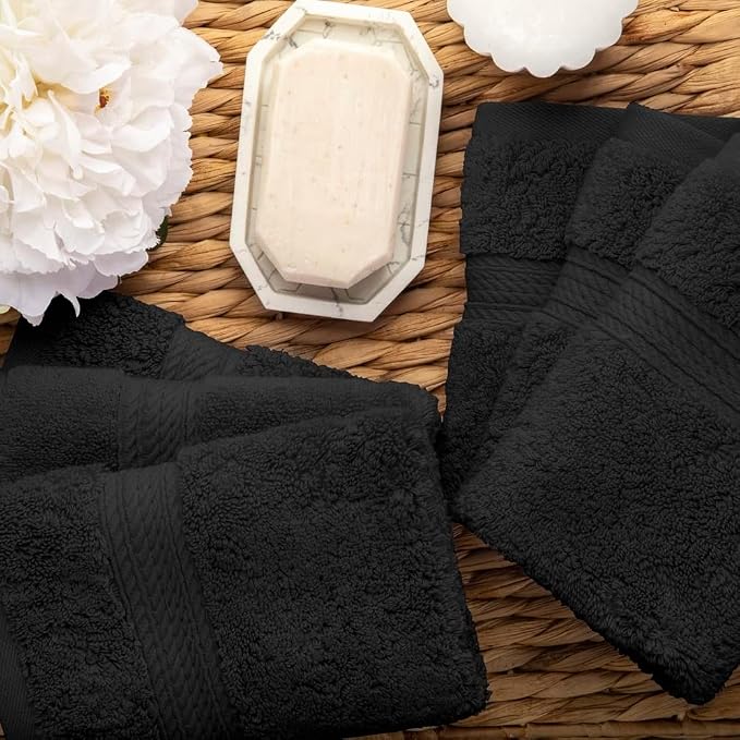 Superior Egyptian Cotton Plush & Absorbent, Face Towel Set of 6, Black | Quick Dry, Soft Luxury Towel Set, Bath Essentials for Bathroom, Guest Bath, Spa, 6 Piece Face, Madeline Towels