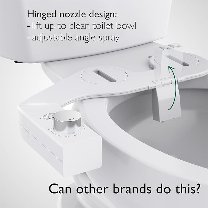 BIDETbidet Left/Right Reversible FRESH WATER Ultra-Slim Bidet Attachment, Switchable Left/Right Control with Dual Nozzles, Hinged Design, Non-Electric, Easy Install, Fits Most Toilets, Off-White