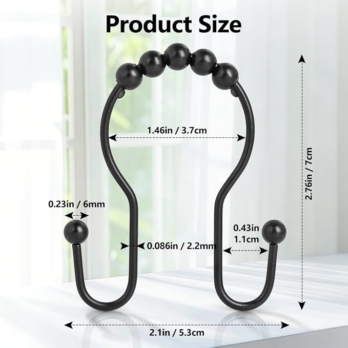 Resze 12PCS Shower Curtain Hooks, Sturdy Metal Shower Curtain Rings(Black) | Glide Roller Double Shower Hooks, Rust Proof Anti-Drop Curtain Hooks, Smooth Sliding Rings for Bathroom Shower Rods Curtains