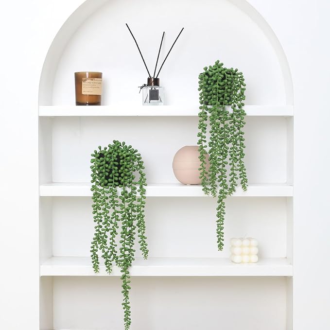 2pcs Fake Hanging Plants Fake Potted String of Pearls Succulent Plants Small Faux Plants for Indoor Outdoor Shelf Wall Decor