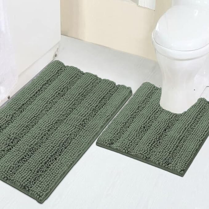 Turquoize Chenille Bathroom Rugs Non-Slip Bath Mats for Bathroom Super Absorbent Shaggy Rugs for Tub Shower Toilet Plush Bath Rug Plus U Shaped Rug (Standard: 20" x 32" and 20" x 20" U), Green Bay