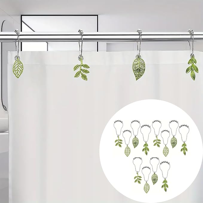12pcs Tree Leaf Shower Curtain Hooks Rings,Woodland Forest Style Theme Home Shower Curtain Rings Decor Accessories