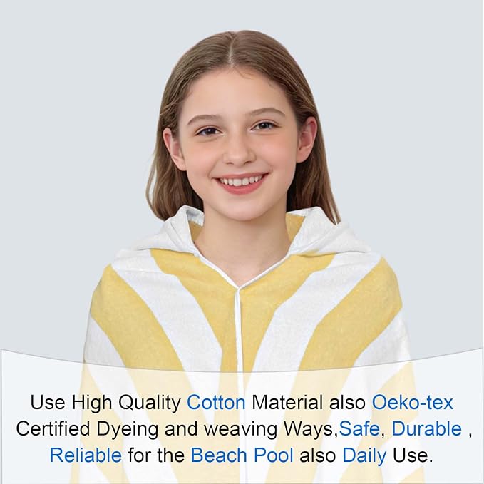 VOOVA & MOVAS Big Kids Hooded Towel, 8+, 100% Cotton, Yellow White Stripe | Classic Stripe Pattern, Soft, Absorbent & Fast Drying, Suitable for Daily Bath and Beach Trips