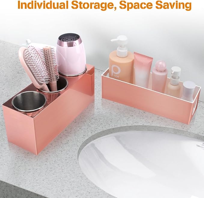 GFWARE Hot Hair Styling Tool Organizer with 3 Stainless Steel Cups, Pink | Bathroom Vanity Organizer Storage, Hair Accessories Tools Organizer Hair Dryer, Blow Dryer, Curling Iron, Flat Iron