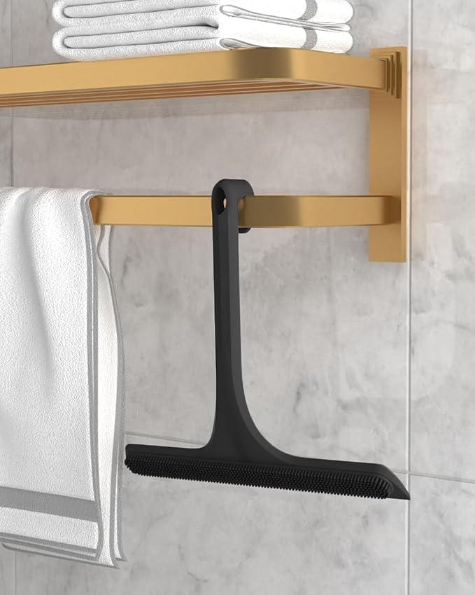 2-in-1 Silicone Shower Squeegee with Hook,Dual-Sided Design with Scraper & Scrub Surface,Streak-Free Bathroom Squeegee for Glass Doors,Mirrors,Windows,Car Windshields (Black Squeegee+Hook+Dispenser)