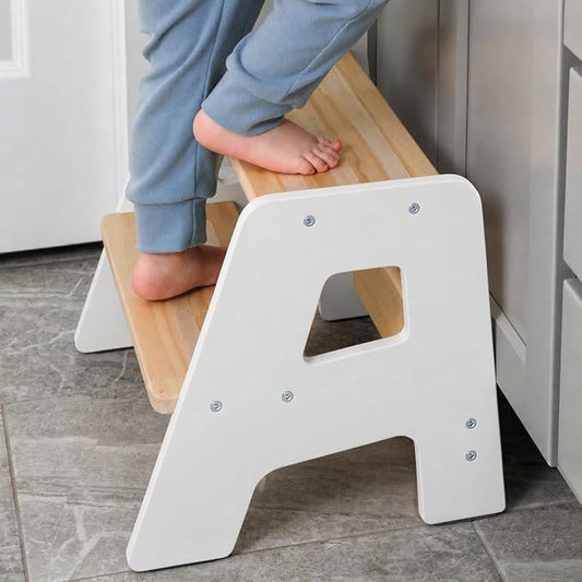 2-Step Wooden Toddler Step Stool for Bathroom Sink & Kitchen Use - White | Non-slip steps and padded feet for extra stability. Lightweight to carry, safely supports ages 2+ and adults up to 250 lbs.
