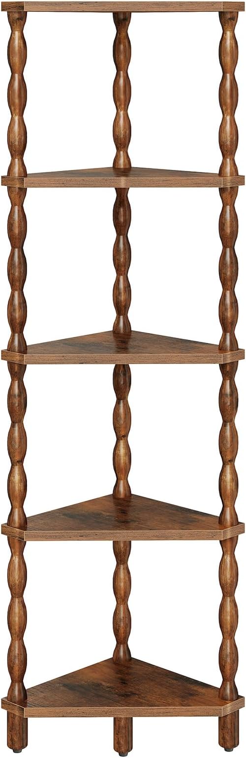 HOOBRO Corner Shelf, 5-Tier Wooden Corner Bookshelf for Small Space, Stylish Corner Storage Display Shelves for Living Room, Kitchen, Office Rustic Brown FG195CJ01