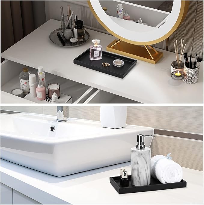 Emibele Bathroom Vanity Tray Countertop, 10" Rectangular Marble Resin Tray | Dresser Kitchen Sink Tray, for Jewelry Cosmetic Perfume Soap Candle, Lightweight Waterproof Tray, Medium, Matte Black