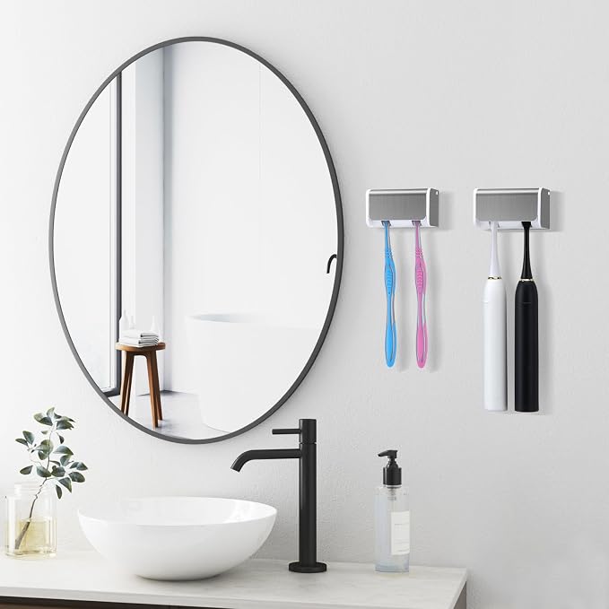 2 PCS Toothbrush Holders Wall Mounted with Cover (2, Brushed Silver) | Wall mounted, Detachable, Easy to clean, Breathable, 2 Slots Self Adhesive Toothbrush Organizer for Bathroom