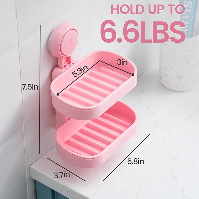 TAILI Soap Holder, Soap Dish for Shower Suction Cup, Bar Soap Holder, Pink | 2 Layer Removable Soap Holder Shower, Soap Tray for Shower Wall, Drill Free Sponge Holder, Bathroom & Kitchen, No drill