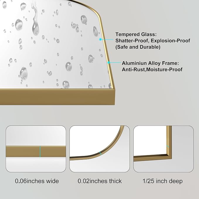 Arched Bathroom Mirror 15"x18", Gold, Tempered Glass | arch bathroom mirror gold wall mounted vanity tempered glass metal frame bedroom entryway living room