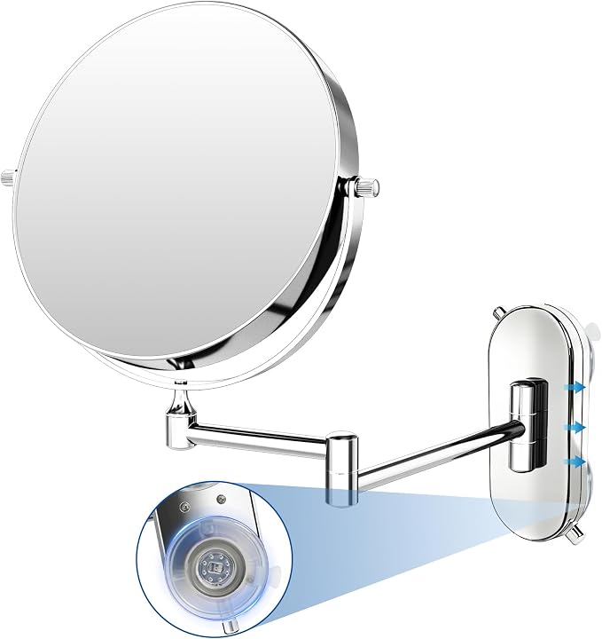 8“ Suction Cup Makeup Mirror Wall Mounted No Drilling, 1X/10X Magnifying Mirror Wall Mounted Makeup Mirror Swing Arm 360° Rotation, Wall Mount Powerful Suction Cup for Bathroom & Shaving Chrome