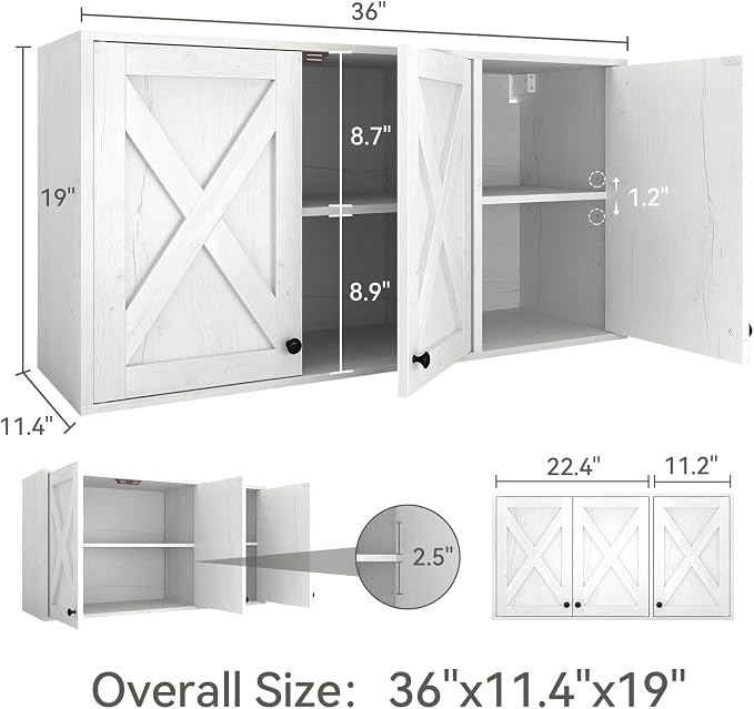 YOURLITE Laundry Cabinet, Medicine Cabinet, Bathroom Kitchen Storage Wall Mounted Farmhouse Organizer with Shelves Over Toilet, 36" Wide, White