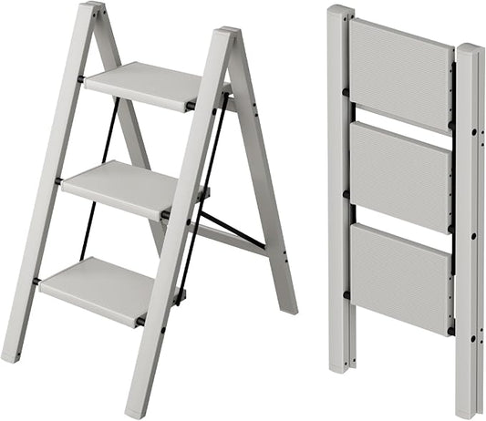 Taranta 3 Step Stool Foldable,Aluminum Step Ladder-Misty Gray | Lightweight,Wide Anti-Slip Pedals,Folding Step Stool,330lbs Capacity for Household,Kitchen,Office