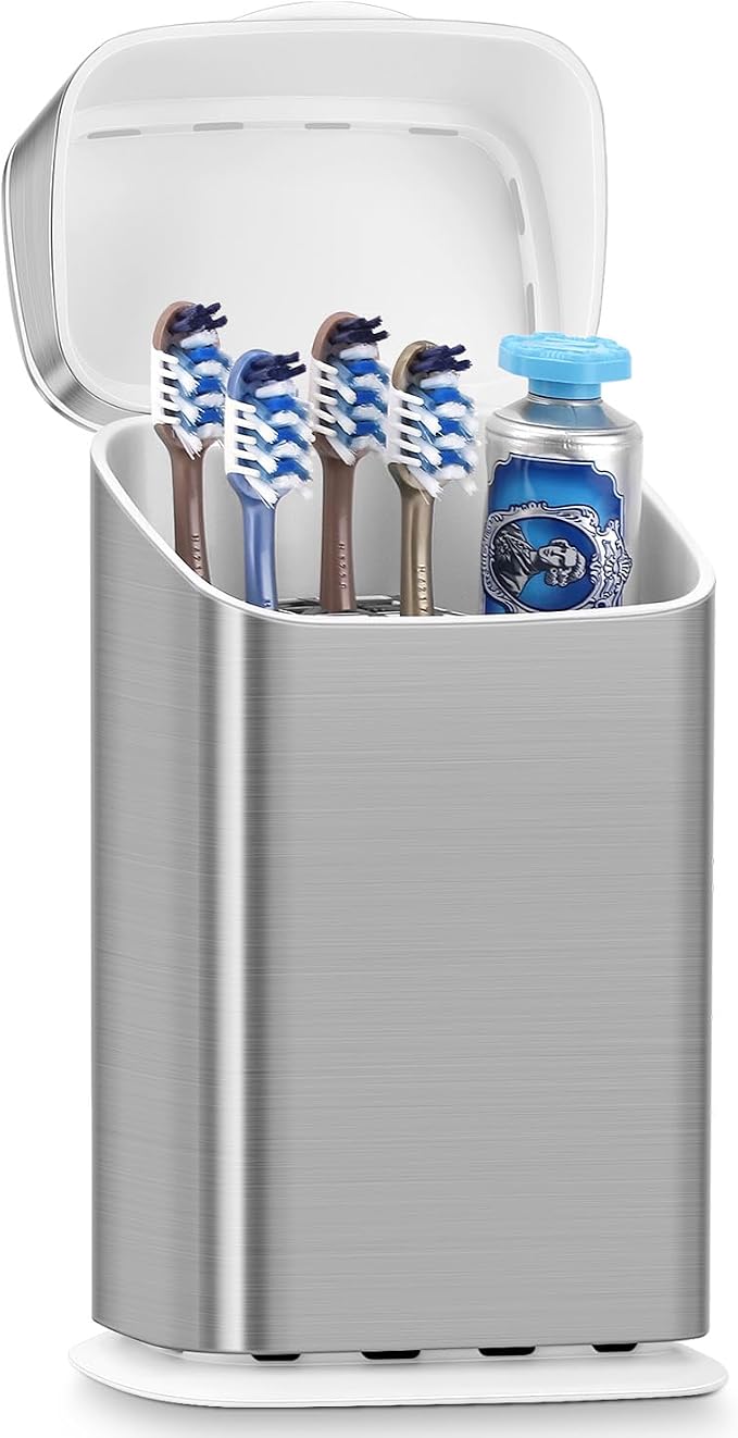 GFWARE Bathroom Toothbrush Holder with Cover, Ventilated & Drainage, Silver | Detachable 5 Slots Bathroom Organizer for Toothbrush and Toothpaste, Waterproof & Dustproof, Fits Toothbrushes Under 7.5 In