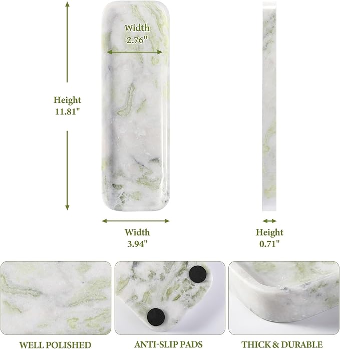 Marble Tray, 12"x4" Marble Vanity Tray for Bathroom Kitchen Countertop Sink, Natural Stone Tray for Home Decor, Decorative Rectangular Narrow Catchall Tray for Jewelry Perfume