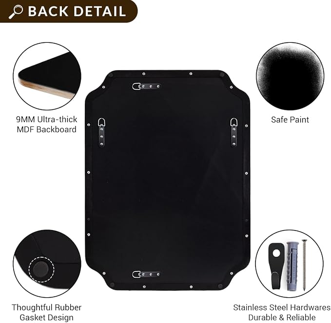 30x30 Inch Square Mirror, Matte Black Vanity Mirror, Modern Scalloped Bathroom Mirror in Premium Stainless Steel Metal Thin Frame, Unique Rounded Notched Corners