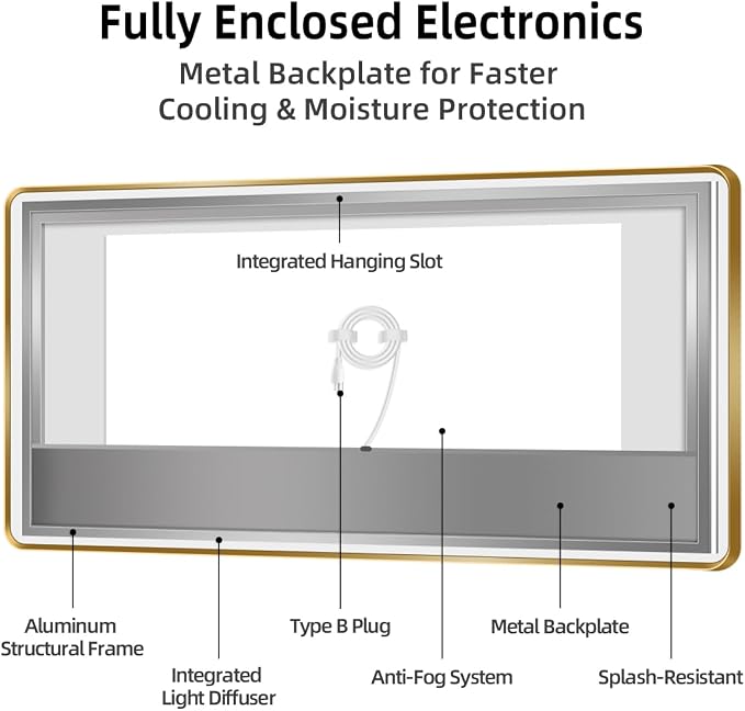 48" x 36" Gold LED Bathroom Mirror with Lights, HD Reflection | Lighted for Vanity, Anti-Fog, 3-Color Stepless Dimmable, Memory, Shatterproof, UL-Listed, Wall Backlit Mirror, Easy Mounting