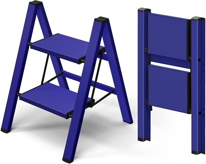 Taranta 2 Step Stool Foldable,Aluminum Step Ladder-Blue | Lightweight,Wide Anti-Slip Pedals,Folding Step Stool,330lbs Capacity for Household,Kitchen,Office