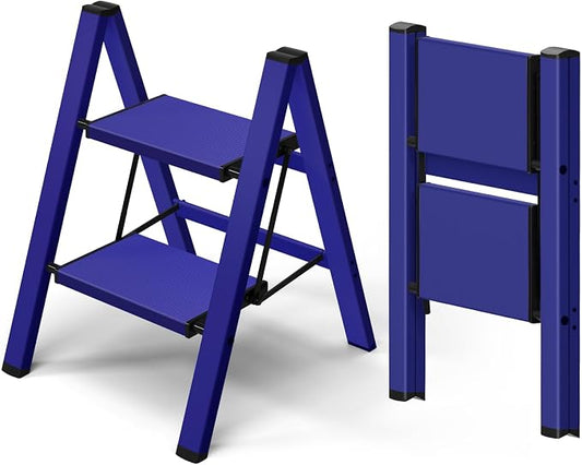 Taranta 2 Step Stool Foldable,Aluminum Step Ladder-Blue | Lightweight,Wide Anti-Slip Pedals,Folding Step Stool,330lbs Capacity for Household,Kitchen,Office