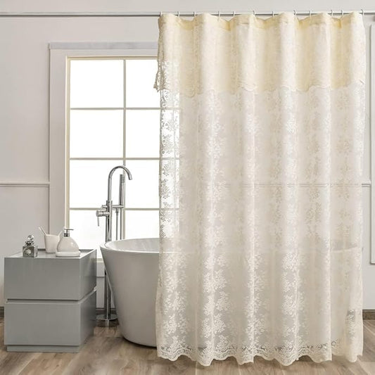 Ivory Cream Lace Shower Curtain 84 Inches Long with Attached Valance, 72x84 | Vintage Floral Lace with Scalloped, Filters Soft Light for Elegant Shabby Chic Bathrooms with Tall tubs or Higher Rods