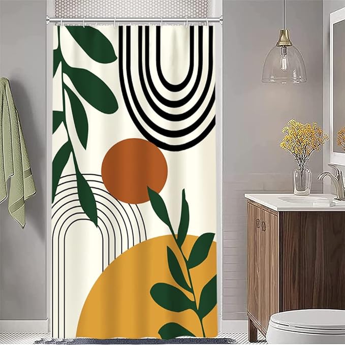 Boho Sun Stall Shower Curtain with Hooks 36x72 Inch | Waterproof Small Mid Century Green Leaves and Arch Bathroom Curtain for Shower Stall, Machine Washable