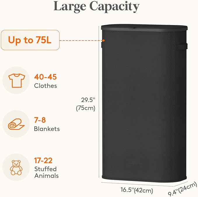 Lifewit Slim Laundry Basket with Lid and Removable Bag, 75L, Black | Plastic Handles, Collapsible Narrow Laundry Hamper, Tall Skinny Laundry Bin, Clothes Hamper for Laundry, Bedroom, RV, Dorm