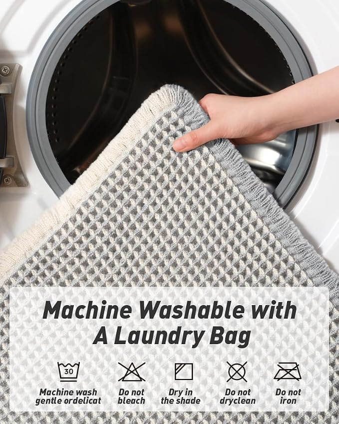 Upgraded Waffle Bath Mat, Super Absorbent Non Slip Bath Mats for Bathroom Floor, Machine Washable Bathroom Rugs with Tassels, Rubber Backed Bathroom Mats, Ultra Soft, 20" x 32",LightGrey & Cream