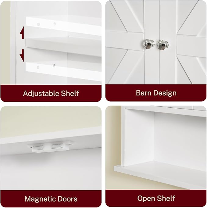 Bathroom Wall Cabinet, Over The Toilet Space Saver Storage with Barn Doors & Adjustable Shelf, Hanging Medicine Cabinet, White 7.1" D x 15.4" W x 19.3" H