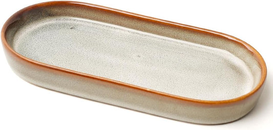 Reactive Glaze Ceramic Bathroom Tray with Brown Rim, Oval Vanity Organizer Dish for Perfume, Jewelry & Soap, Unique Kiln-Fired Decorative Tray for Bathroom Countertop, Dresser, Coffee Bar