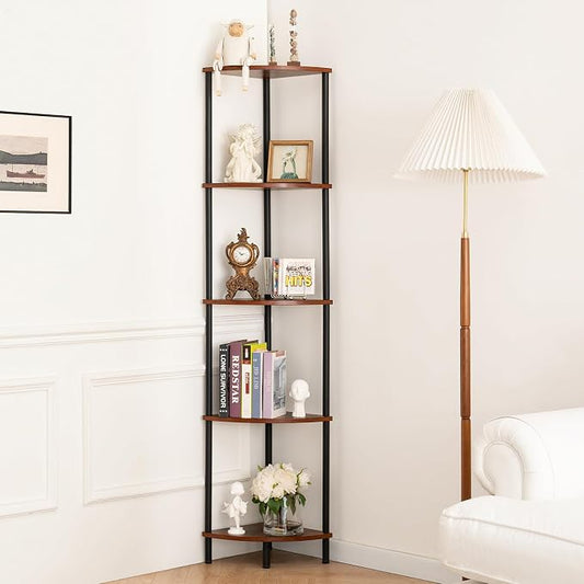 Yoobure Corner Shelf Stand, 5-Tier Bookshelf, 65" Tall Shelves for Bedroom, Living Room, Narrow Display Shelf Bookcase, Rustic Book Shelf with Display Shelves for Office