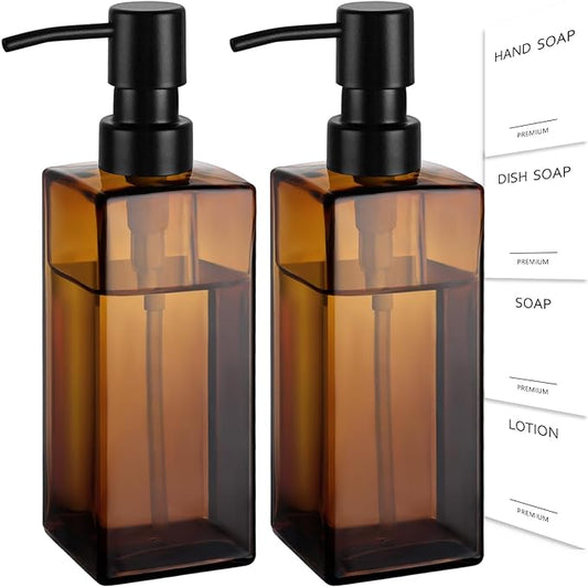GMISUN Amber Glass Soap Dispenser, 2 Pack Hand Soap Dispenser Bathroom, 12 fl oz/350ml Dish Dispenser Set for Kitchen, Glass Liquid Dispenser with Stainless Steel Pump, Brown Soap Dispensers Bottle