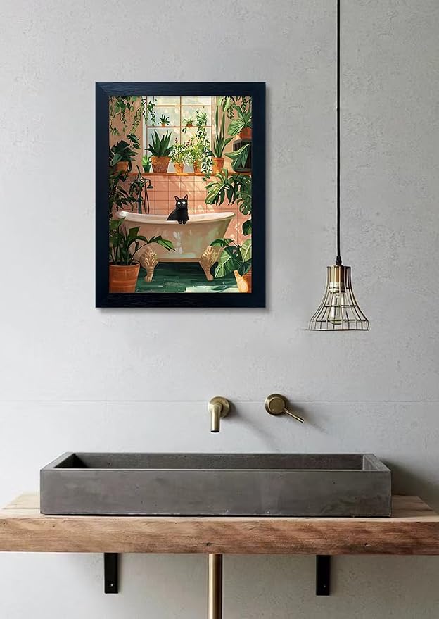 Framed Funny Bathroom Wall Decor Green Plant Picture Painting Modern Bathroom Wall Art Bath Black Cat Canvas Print Poster Animal Bathtube Artwork Maximalist Restroom Decor
