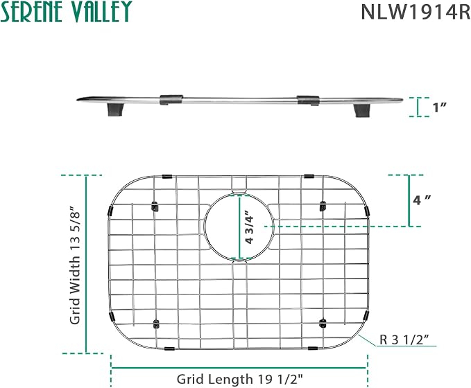 Serene Valley Sink Bottom Grid 19-1/16" x 13-5/8”, Rear Drain with Corner Radius 3-1/2", Sink Protector NLW1914R