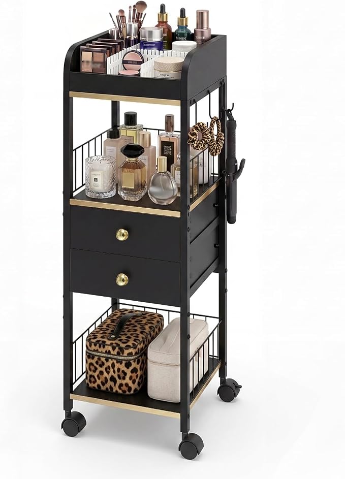 Makeup Organizer Cart, Rolling Floor Skincare Organizer and Storage with 2 Wooden Drawers, Cosmetics Display Cases Holder for Skin Care Perfume Hair Tools Nail Polish(Black&Glod)