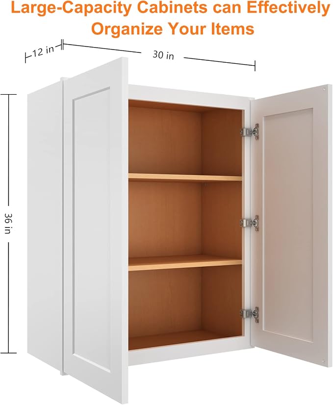 ROOMTEC Wood Wall-Mounted Cabinet,Bathroom Medicine Cabinet with Adjustable Shelves and 2 Soft-Close Doors,Laundry Storage Cabinet for Bathroom,Kitchen,Living Room 12" D*30" W*36" H,Shaker White