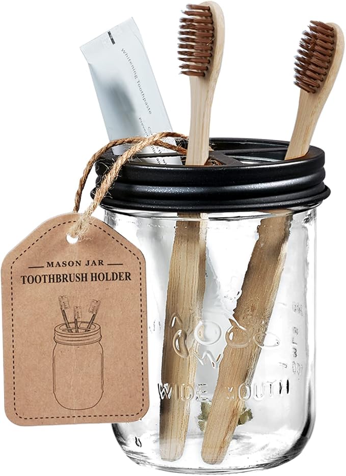 Amolliar Mason Jar Toothbrush Holder - Rustproof Stainless Steel, Black | Toothbrushes and Toothpaste Holder with Chalkboard Labels - Farmhouse Décor Bathroom Countertop and Vanity Storage Organizer
