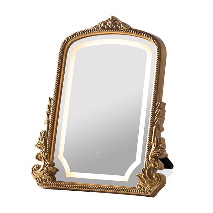 HSDDHOME Large 16x20 Vintage LED Vanity Mirror, Gold Arch Makeup Mirror | 3-color dimmable lights; antique carved frame; large tabletop for wide dressers