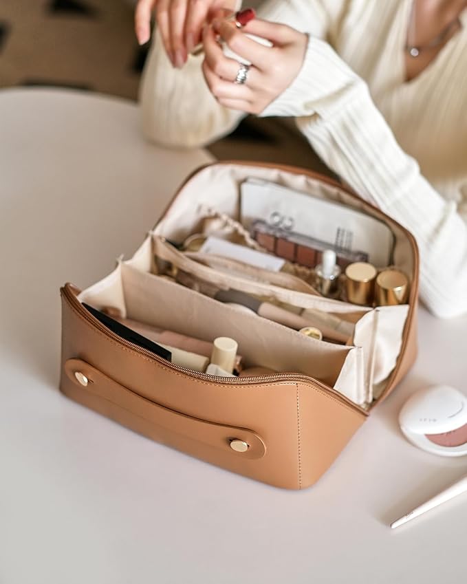 EACHY Travel Makeup Bag for Women, PU Leather Cosmetic Bag, Brown, Large | Water-resistant PU leather exterior with flat-open access, clear TPU brush compartment and organized storage for cosmetics