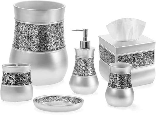 Creative Scents Crackled Glass 6 Pc. Silver Resin Bathroom Accessories Set | Includes Trash can, Tissue Box Cover, Soap Dispenser, Toothbrush Holder, Tumbler Cup & Soap Dish