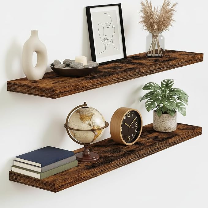 Vivelove Floating Shelves 9 inch Deep 36”Long Set of 2, Rustic Brown | Easy Install With Hardware, 1.5" Thick, Invisible Brackets, Wall Mounted, No Sagging, For Any Room