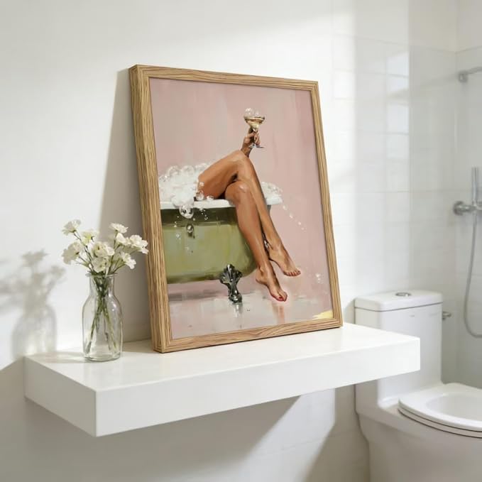 Framed Glam Pink Bubble Bath Canvas Wall Art Vintage Tub Martini Poster Print Elegant Woman Bathroom Wall Decor Picture for Girly Restroom Dorm Bath Room Decoration
