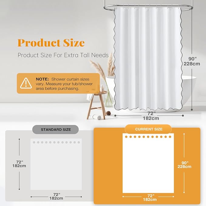 72x90 Boho Scalloped Linen Textured Cloth Shower Curtain Set, White | Long Size, 230GSM Waterproof Polyester, Heavy Duty Fabric, 12 Plastic Hooks, Elegant Modern Farmhouse Style, Machine Washable