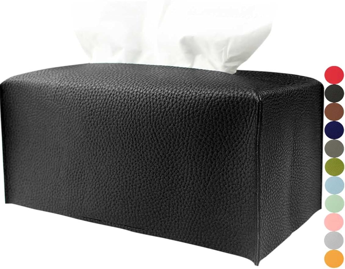 Tissue Box Holder Rectangular Leather – with Bottom Belt [JESMINI, Black] Modern Long PU Leather Rectangle Tissue Box Cover Holder Decorative for Bathroom Vanity Countertop/Night Stands/Office Desk