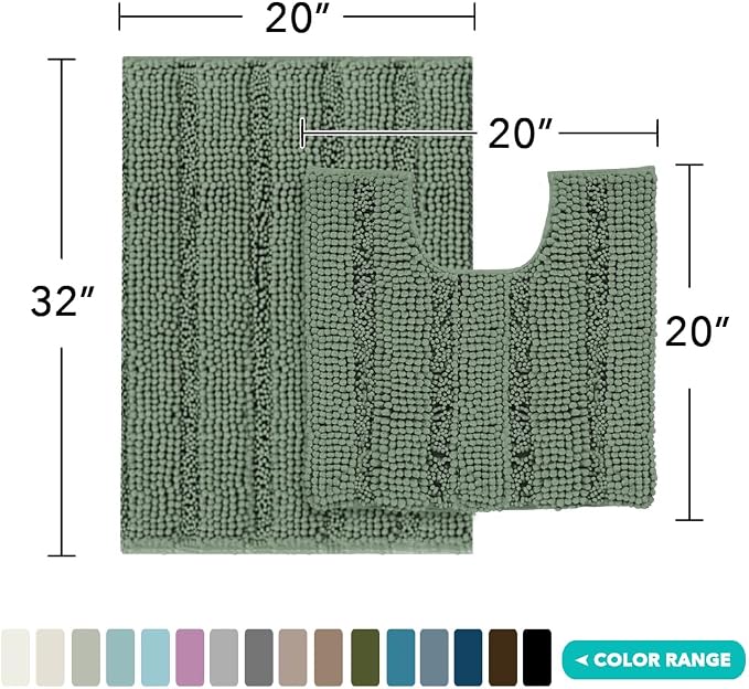 Turquoize Chenille Bathroom Rugs Non-Slip Bath Mats for Bathroom Super Absorbent Shaggy Rugs for Tub Shower Toilet Plush Bath Rug Plus U Shaped Rug (Standard: 20" x 32" and 20" x 20" U), Green Bay
